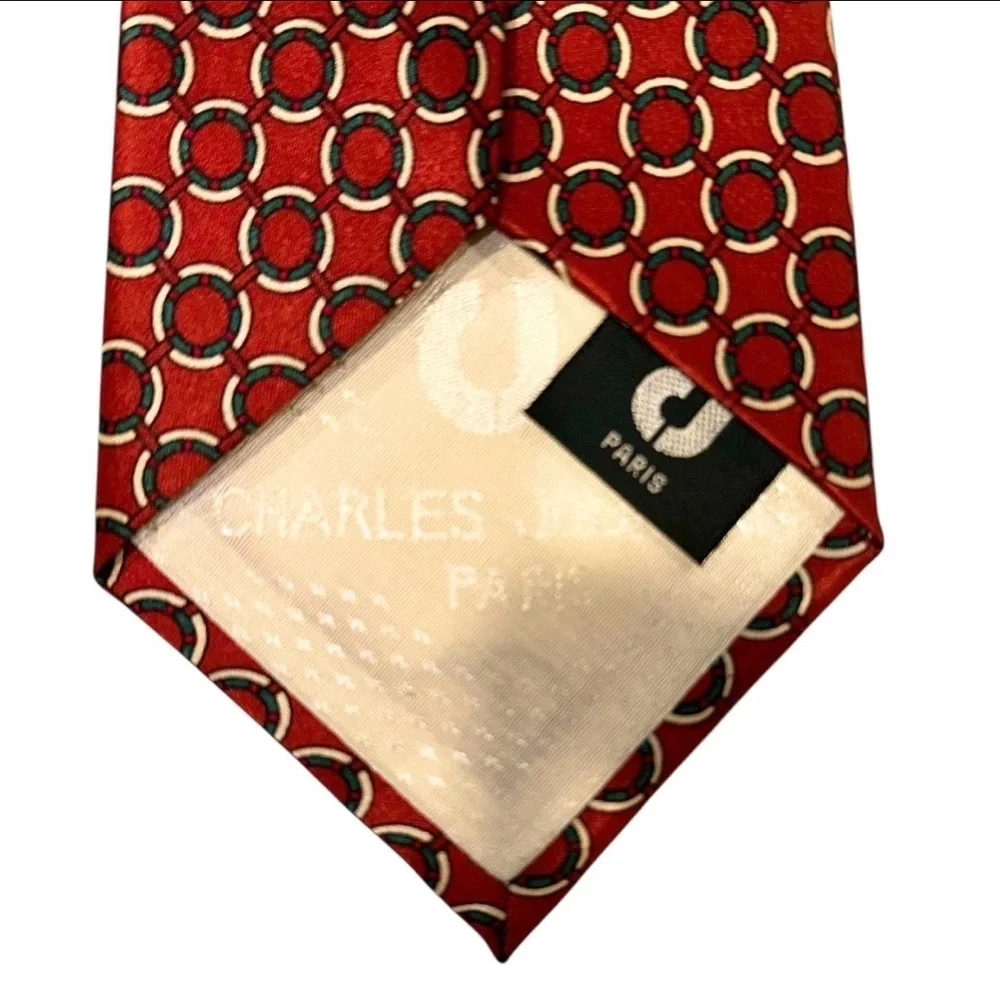 Vtg Charles Jourdan Monsieur Paris Mens Tie Silk Red Green Geometric 60x3.25”